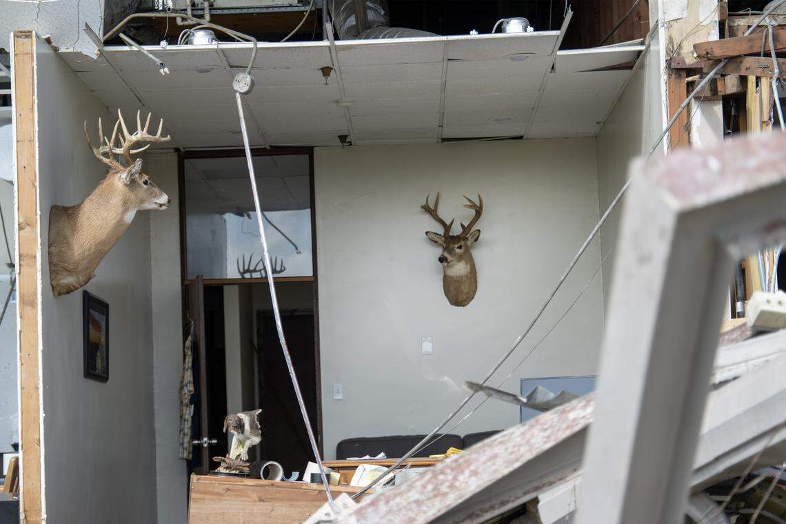 Deer mounts remain on the wall of an office at TruComp Pipe in Ottawa, Kansas, on Tuesday, April 14, 2026. A tornado struck the manufacturing facility at 221 W. 17th St. the previous day, causing damage so severe that city officials have deemed the building unsafe.