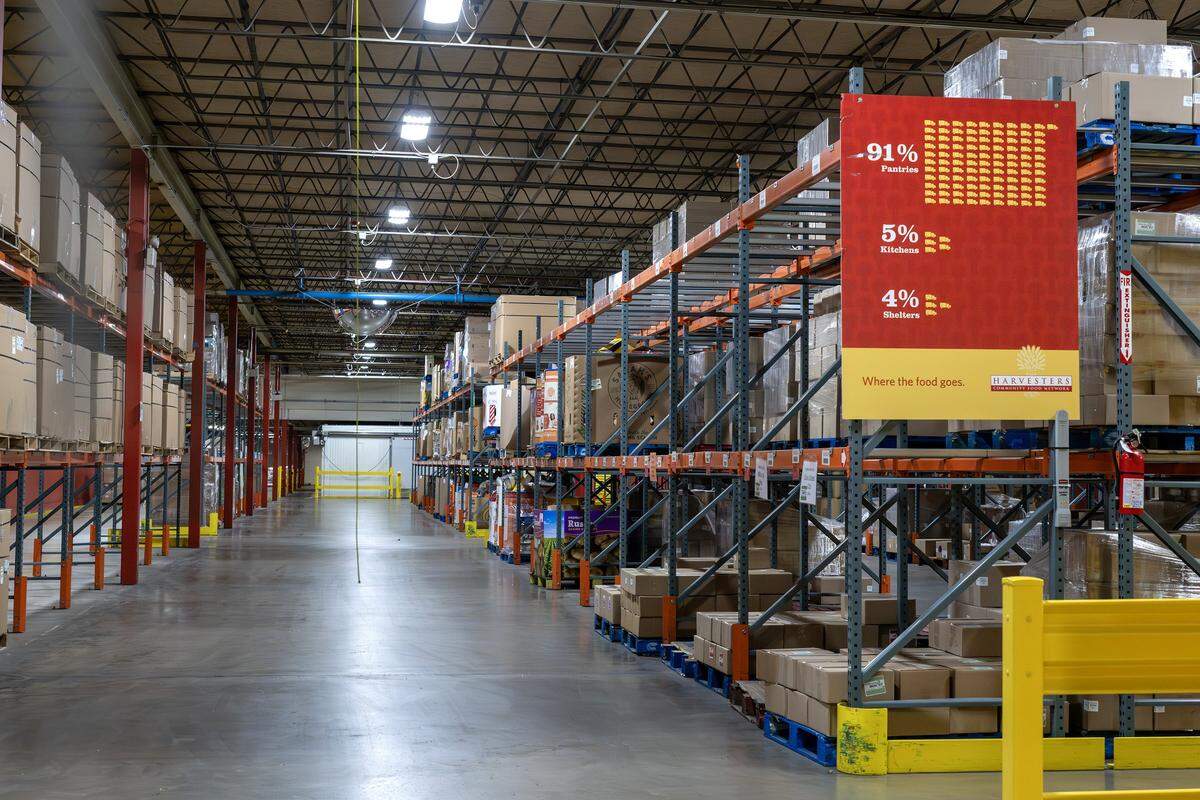 Several pallet slots sit empty in the Harvesters warehouse on Tuesday, Oct. 28, 2025, in Kansas City. The food bank is working to supply local pantries amid the government shutdown affecting SNAP benefits.