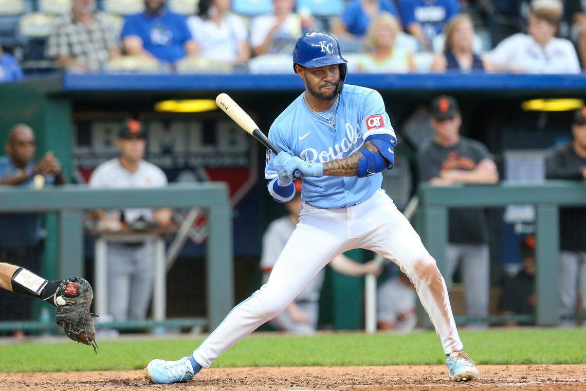 Kansas City Royals third baseman Maikel Garcia (11) strikes out looking during the bottom of the seventh inning against the San Francisco Giants at Kauffman Stadium Sept. 21, 2024.