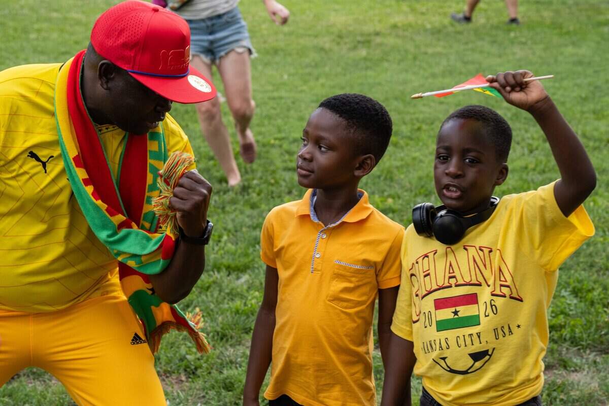 Ghanian fans hold a ‘jama,’ Ghanian for cheer or rally, on Thursday, July 2, 2026, the day before the Ghana soccer team faces Colombia in a Round of 32 match in Kansas City.