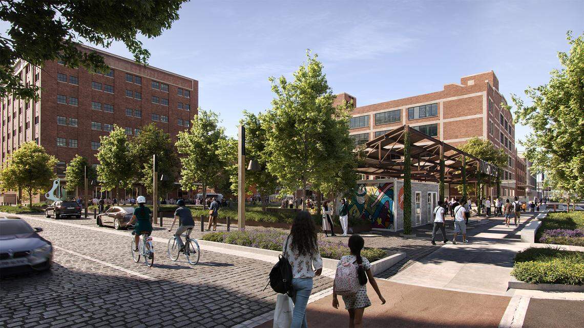 A view looking north at the corner of the The Depot from the corner of 11th and Santa Fe streets. The dock canopy from the Moline loading dock will be repurposed and ,given new roofing for the corner of the public park. At right, the Crooks Terminal building.
