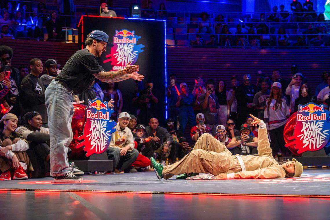 “Passion” crawls backwards on her back while battling Jessie Sykes in the final round of the Red Bull Dance Your Style Midwest Regional Qualifier, on Saturday, April 25, 2026, at the Kauffman Center for the Performing Arts. “Passion” defeated Sykes, winning the regional tournament.