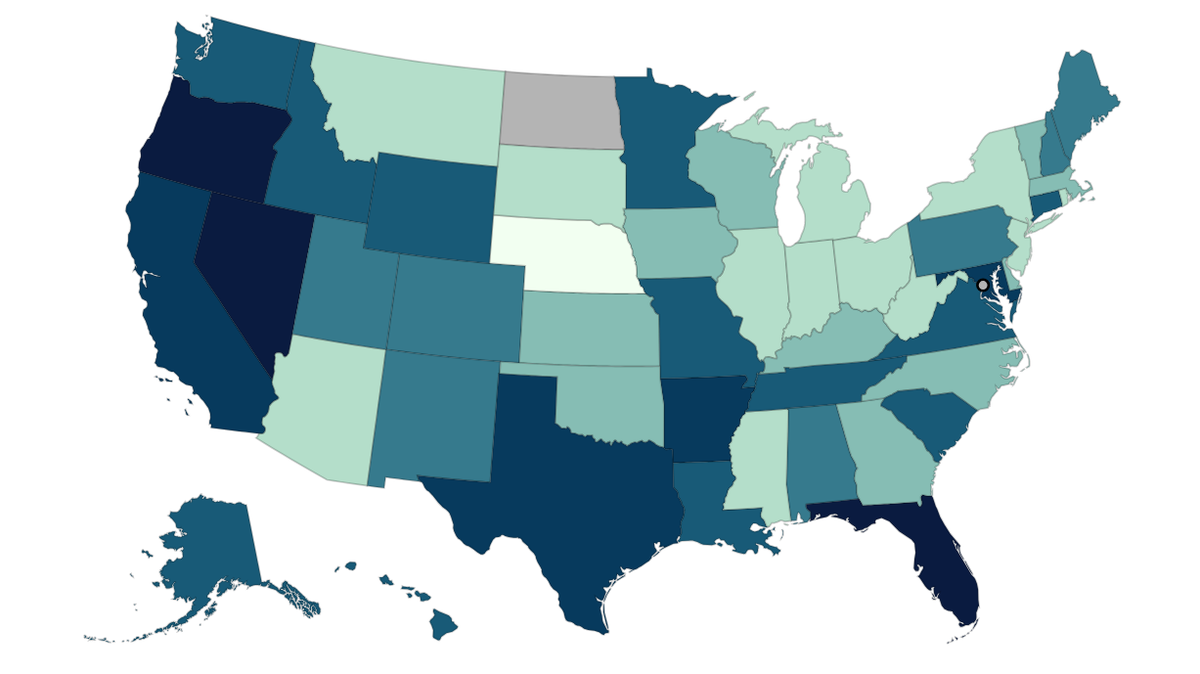 This map shows the level of COVID-19 viral particles in wastewater by state as of July 11, 2024, with darker shades representing a higher particle levels. Missouri is in the “high” category, while Kansas is in the “moderate” category.