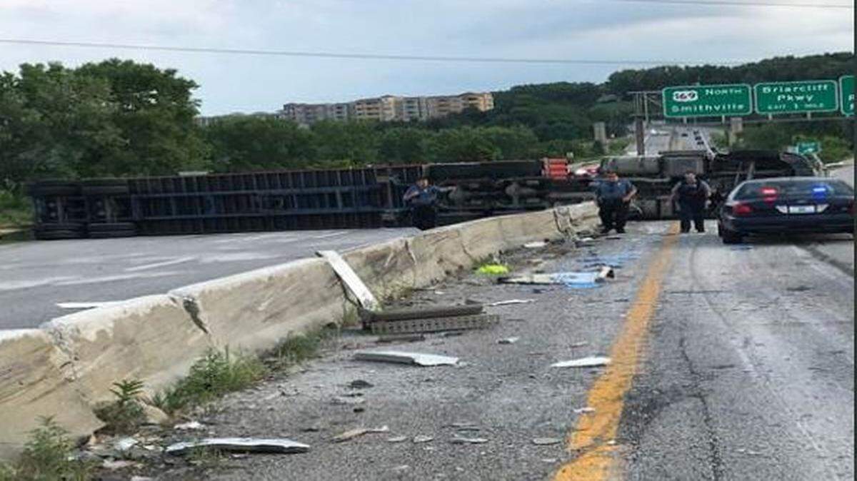 Southbound U.S. 169 highway in North Kansas City was closed Friday morning after a semi-trailer overturned, according to the Missouri Department of Transportation. 