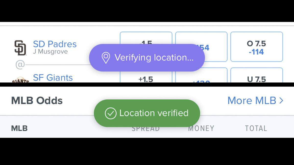 Screen grabs of the FanDuel sports betting app showing how the app checks to make sure you are in a state where betting is legal.