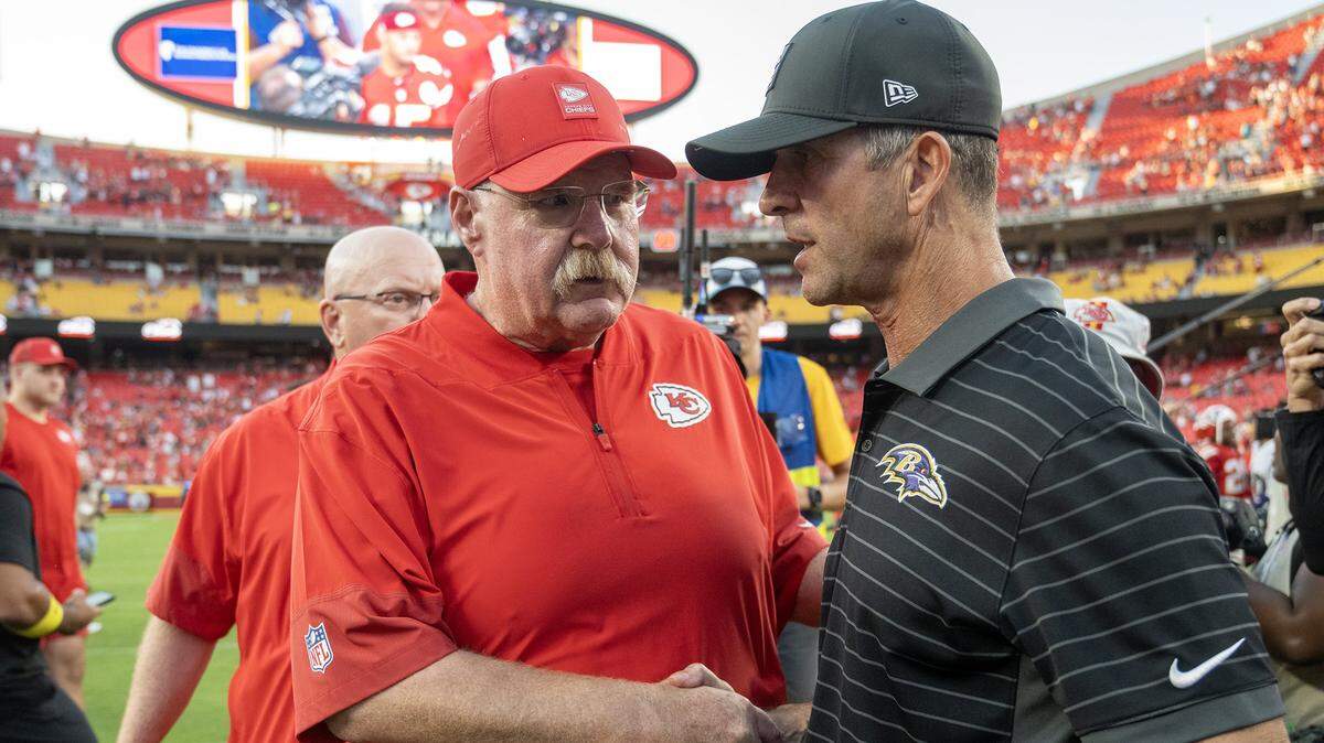 Kansas City Chiefs head coach Andy Reid greets John Harbaugh, Baltimore Ravens head coach after the Chiefs defeated the Ravens, 37-20, at GEHA Field at Arrowhead Stadium on Sunday, Sept. 28, 2025, in Kansas City. 
