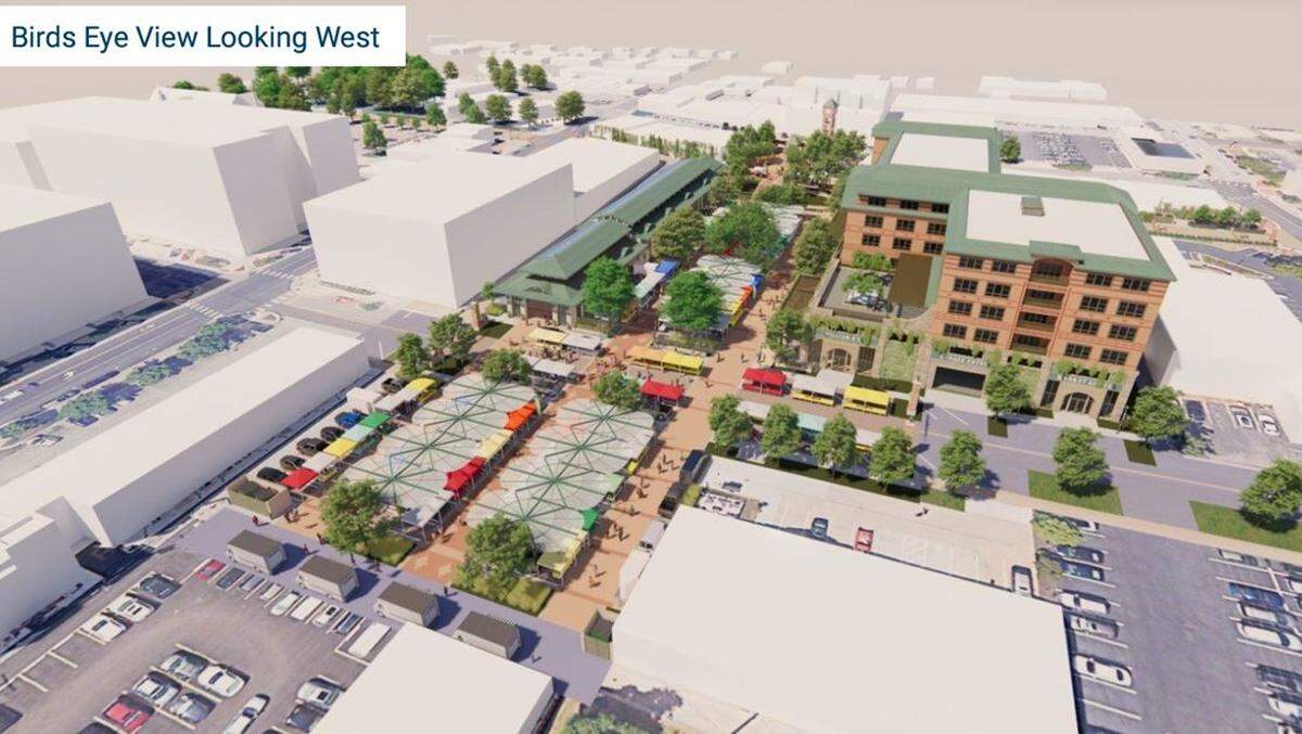 The city of Overland Park provided an aerial view of its planned $34 million downtown farmers market, with outdoor vendor stalls and an indoor pavilion. 