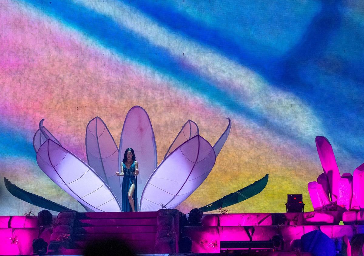 The stage for Jhené Aiko’s concert Monday at the T-Mobile Center had a giant lotus flower and a light show that helped set a spiritual experience for the crowd.