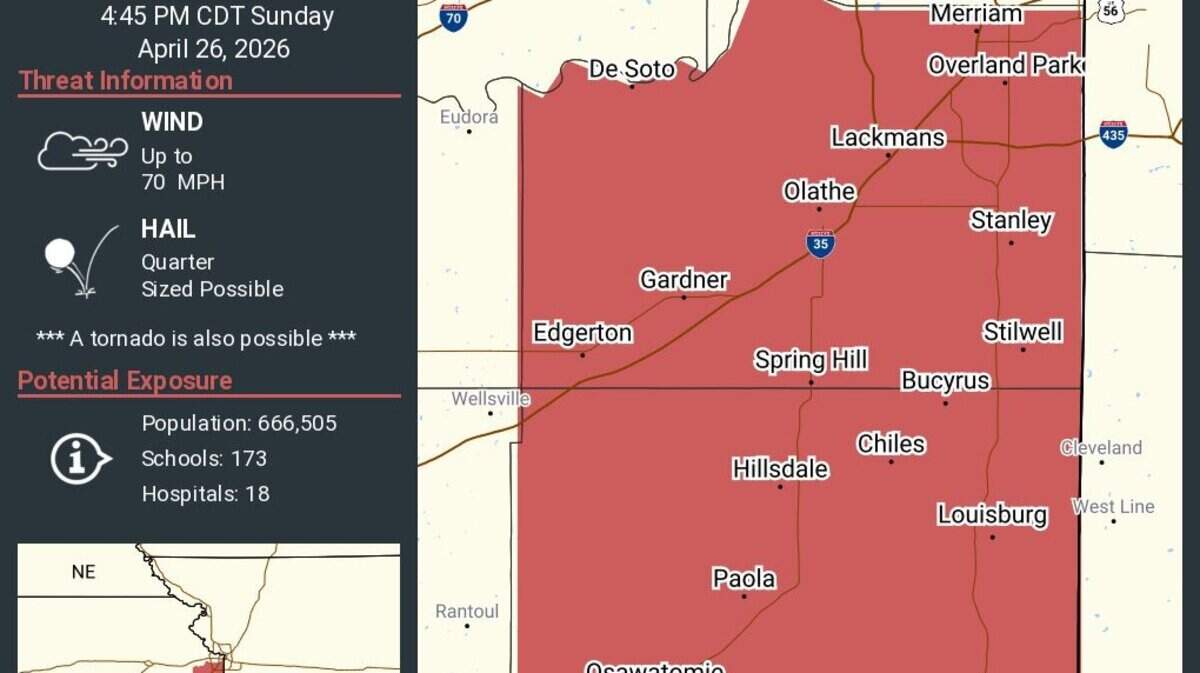 A severe thunderstorm warning has been issued for the area southwest of Kansas City, including Overland Park, Lenexa and Olathe.