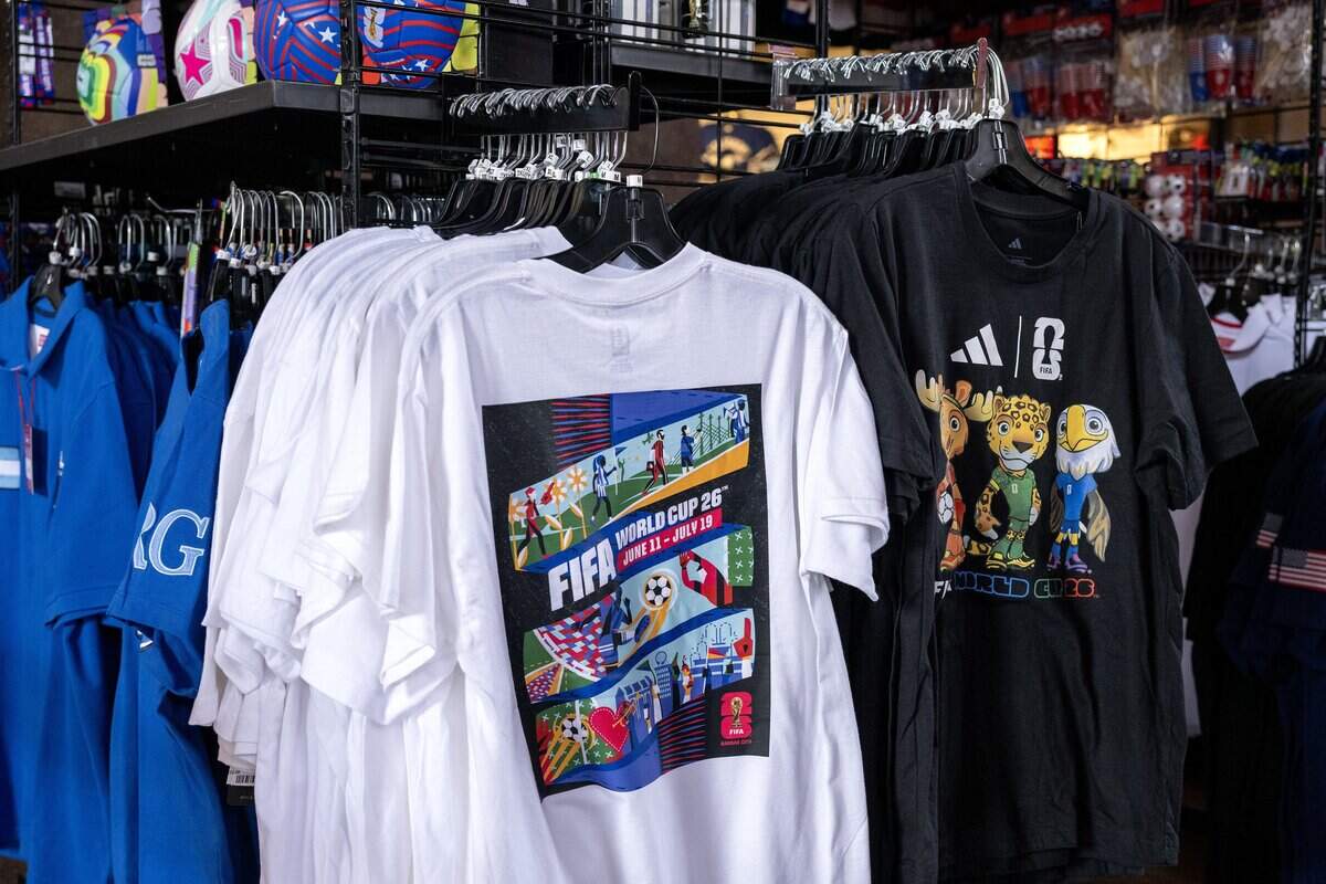FIFA World Cup merchandise is displayed for sale at the Rally House inside Union Station on Tuesday, June 9, 2026, in Kansas City.