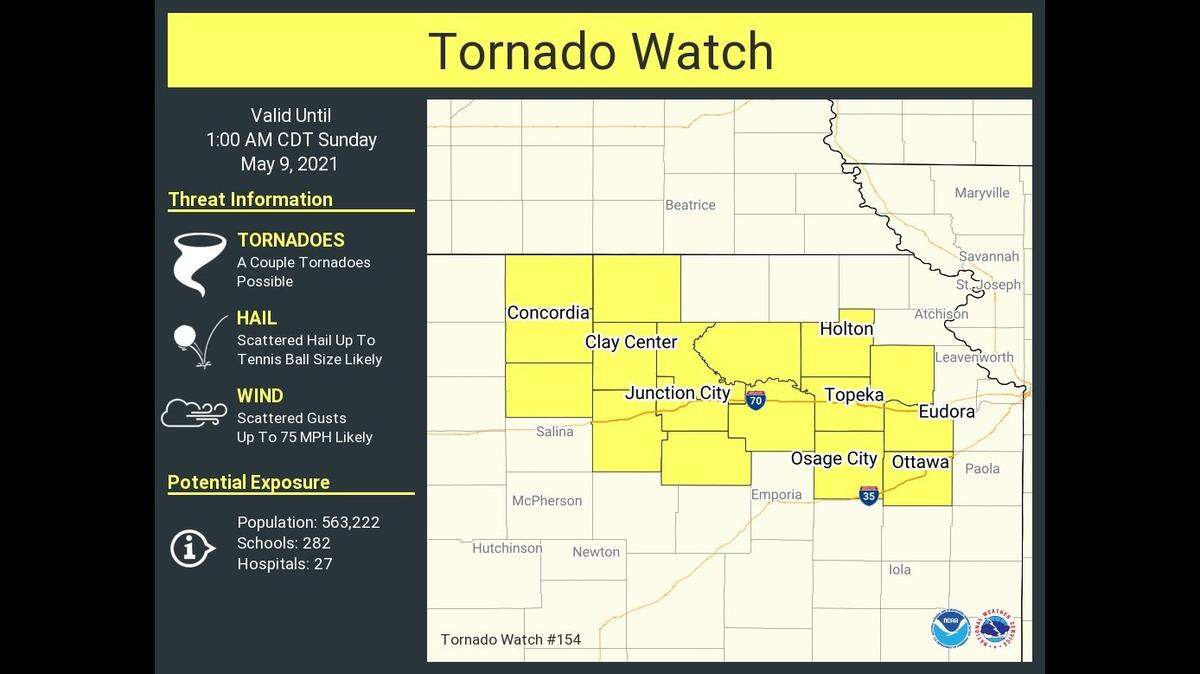 A tornado watch has been issued for parts of eastern Kansas, according to the National Weather Service.