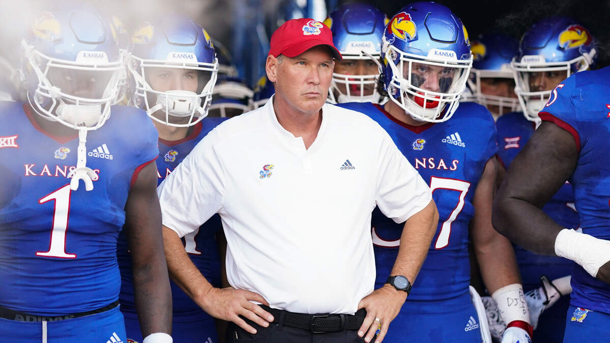 Kansas head coach Lance Leipold gets ready to lead his team onto the field before a game against the Tennessee Tech Golden Eagles at David Booth Kansas Memorial Stadium on September 2, 2022.