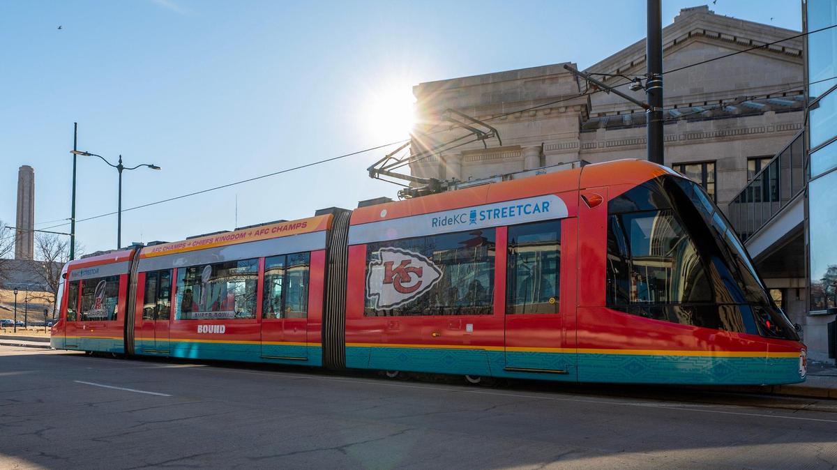 The KC Streetcar was wrapped for Super Bowl LVII on Friday, Feb. 10, 2023, in Kansas City.