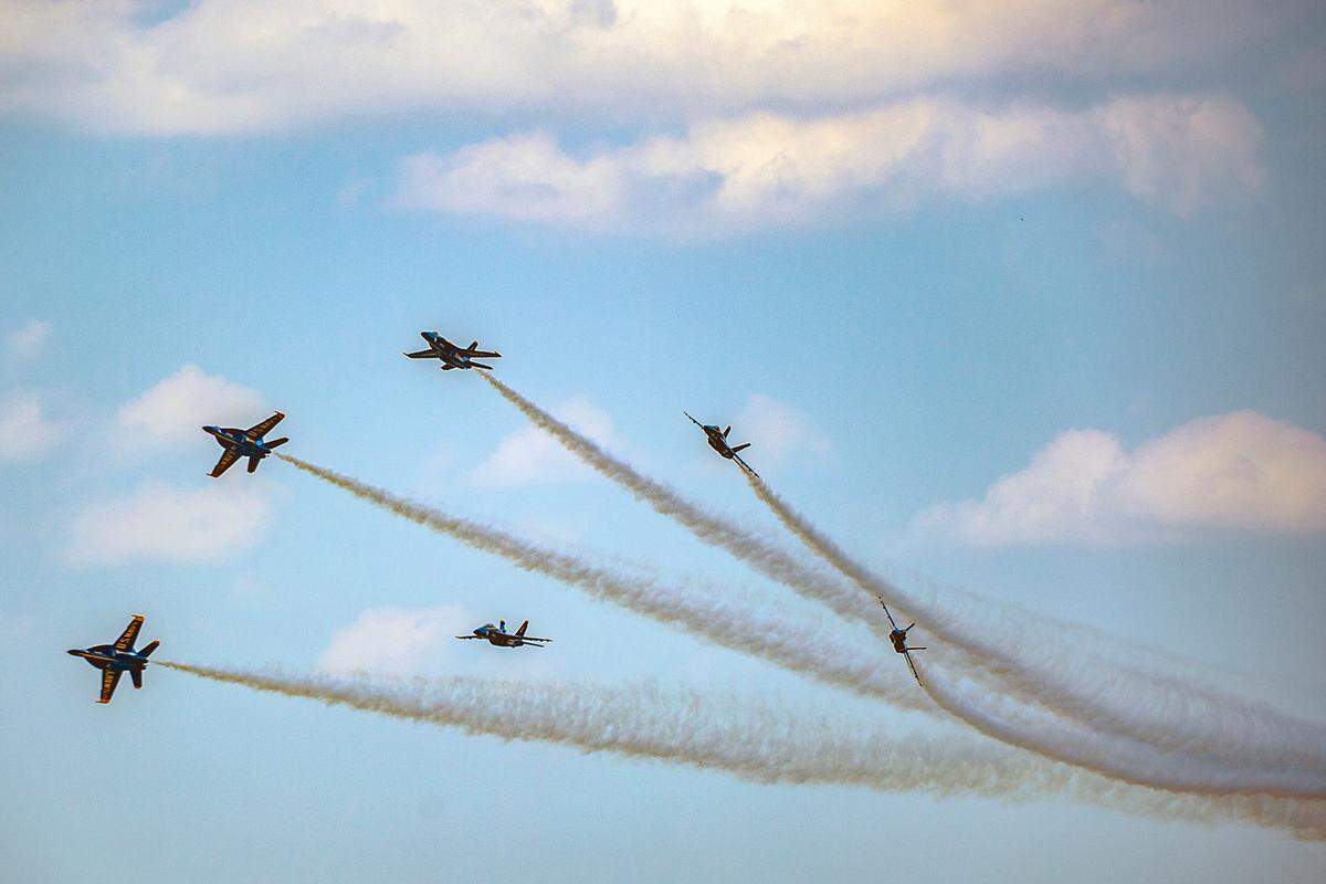 The U.S Navy Blue Angels flying in the F/A-18E/F Super Hornets performed aerial maneuvers at the KC Air Show Saturday, July 3, at the New Century AirCenter in Gardner, Kansas. 