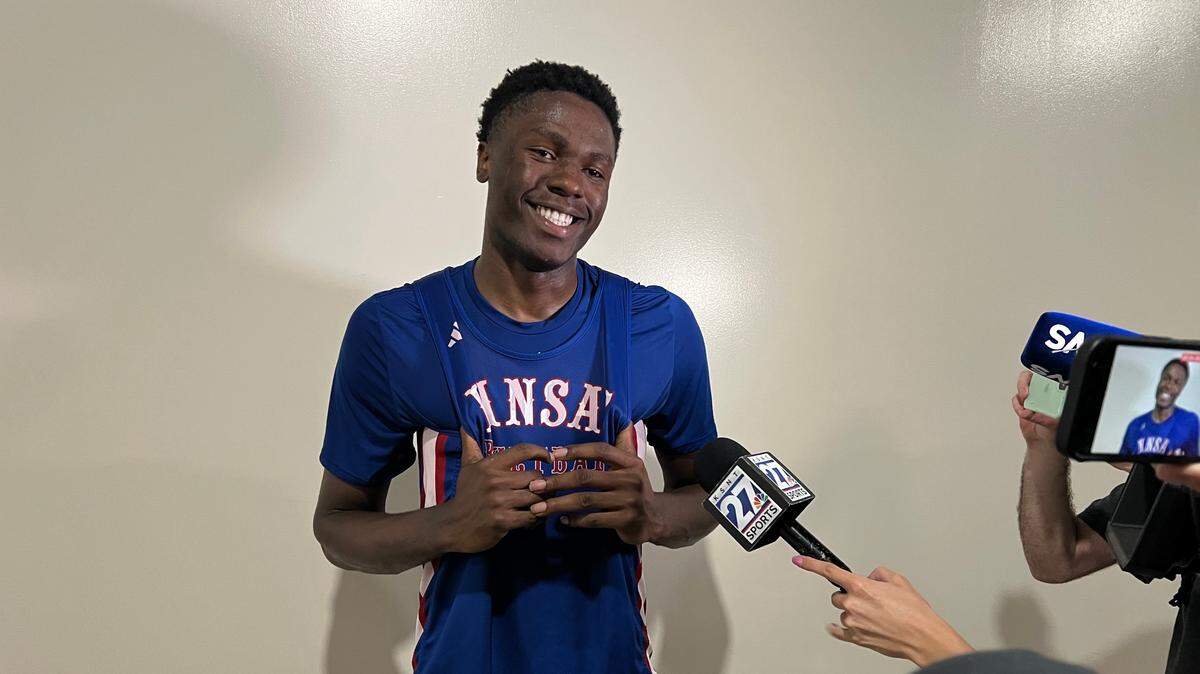KU freshman Flory Bidunga spoke with reporters after participating in an intrasquad scrimmage in front of Bill Self’s campers on June 4, 2024.