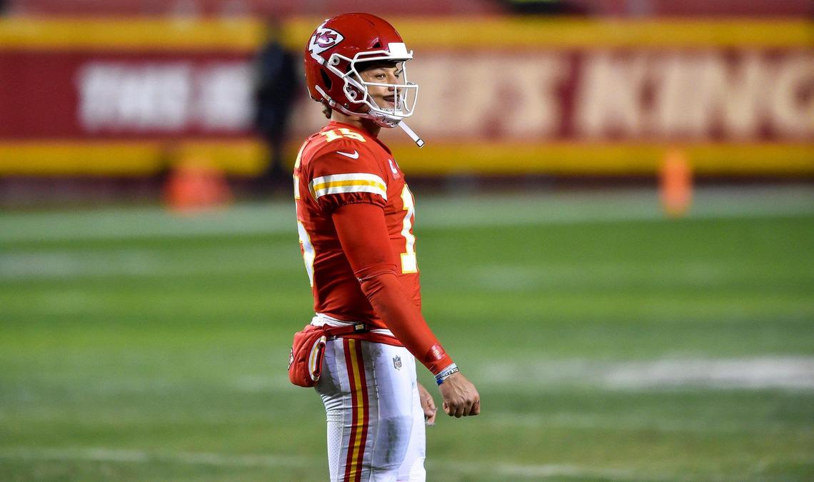 Kansas City Chiefs quarterback Patrick Mahomes smiles as he waits for the play clock to run down in the fourth quarter of the AFC Championship Game between the Chiefs and the Buffalo Bills Sunday Jan. 24, 2021. The Chiefs defeated the Bills 38-24 and will return to the Super Bowl.