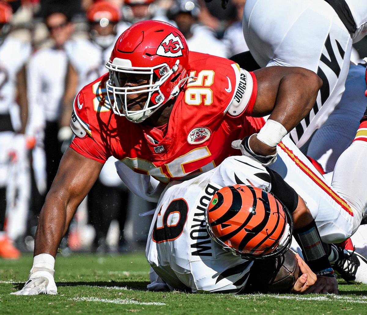 Kansas City Chiefs defensive tackle Chris Jones (95) gets in on a sack of Cincinnati Bengals quarterback Joe Burrow (9) in the second quarter Sunday, Sept. 15, 2024, at GEHA Field at Arrowhead Stadium.