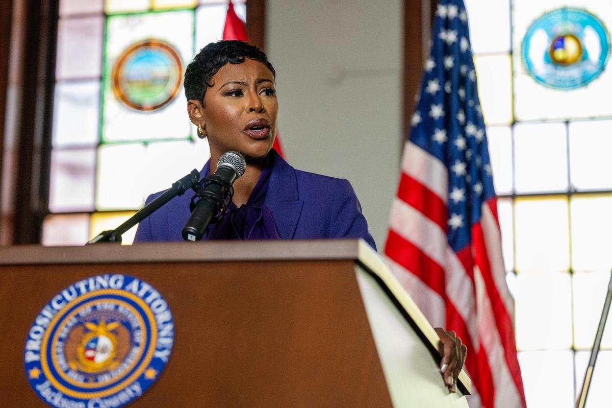 Jackson County Prosecutor Melesa Johnson addresses the audience after being sworn in on Friday, Jan. 3, in the Historic Brady Courtroom at the Truman Courthouse in Independence.