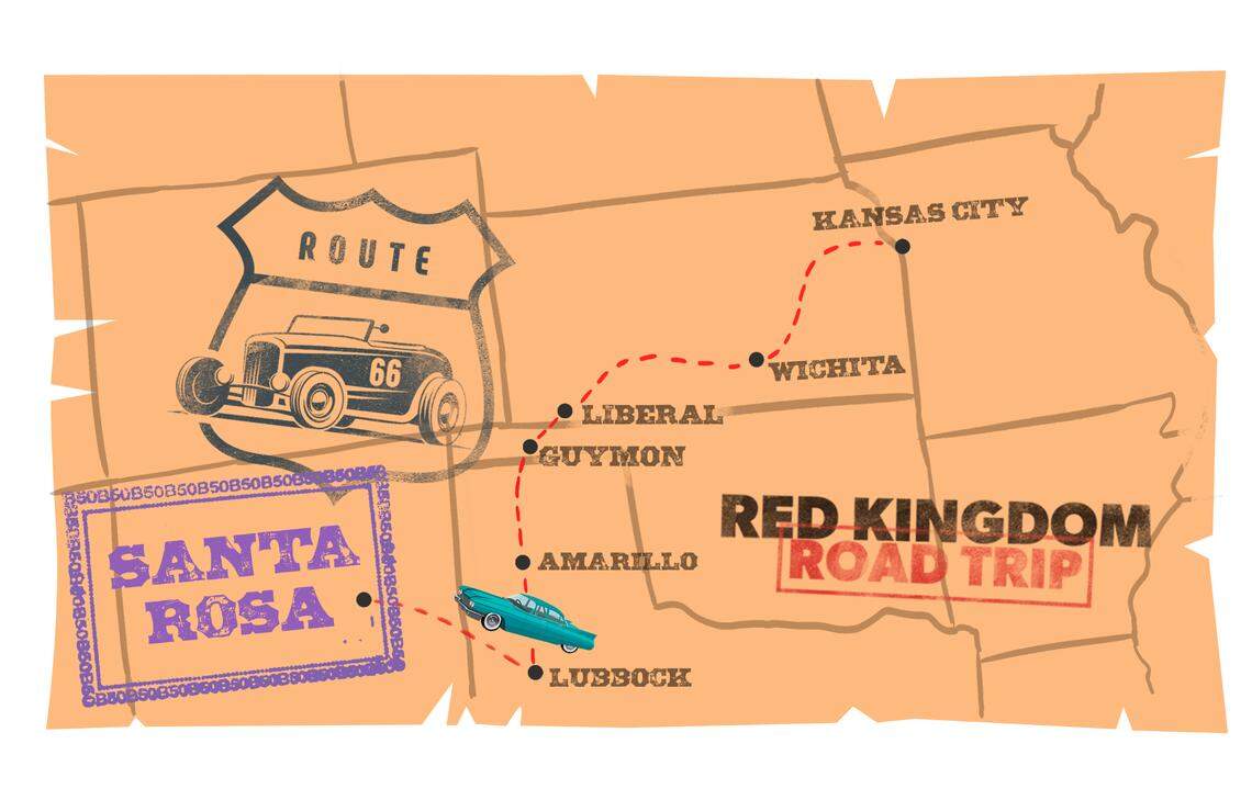 An illustration showing the Red Kingdom Road Trip route from Kansas City to Santa Rosa, New Mexico. 