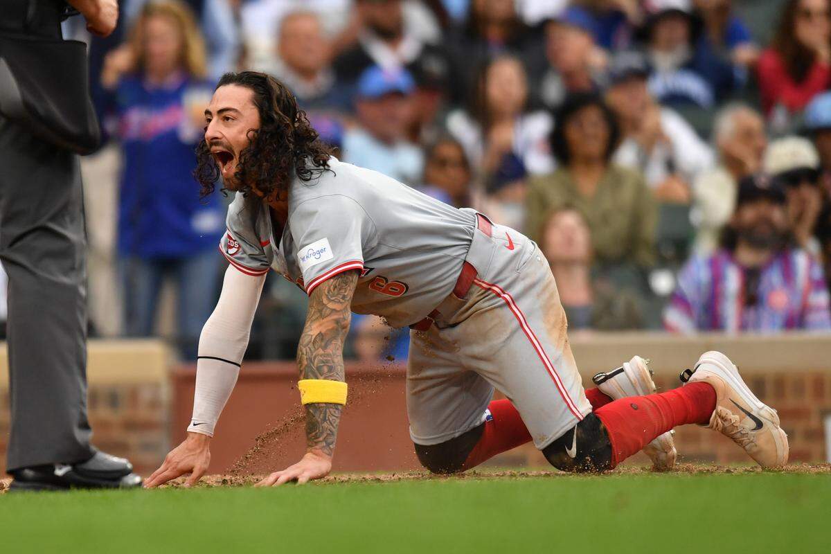 The Kansas City Royals traded for Cincinnati Reds second baseman Jonathan India, shown here in celebration mode after scoring against the Cubs this past season, on Friday, Nov. 22, 2024.