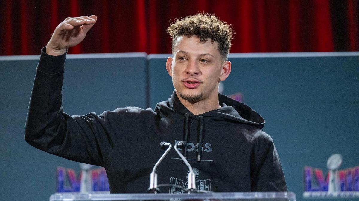 Kansas City Chiefs quarterback Patrick Mahomes address the media on Monday, Feb. 12, 2024, during a press conference after Mahomes led the Chiefs to win Super Bowl LVIII on Sunday, Feb. 12, 2024, in Las Vegas.