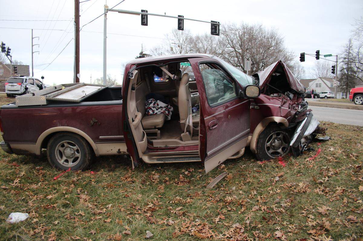 A suspect's pickup truck was heavily damaged after it fled from Independence police and struck an SUV on Jan. 26, 2019. The crash injured the truck's driver, a child in the truck and two people in the SUV.