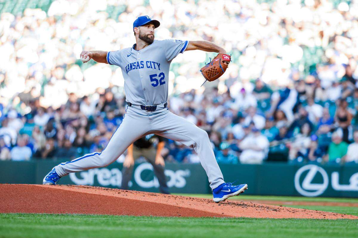 Kansas City Royals starting pitcher Michael Wacha throws against the Mariners during a Monday, June 30, 2025 game at T-Mobile Park in Seattle.