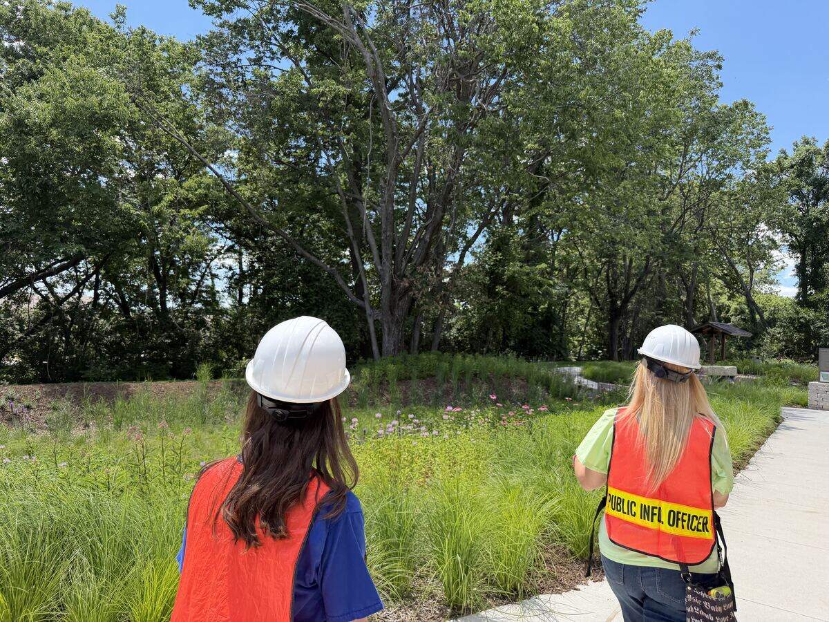 North Kansas City’s Deputy City Administrator Kim Nakahodo and Synthia Larson, a city council member, stroll through the city’s new park, River Forest Park, on Monday, June 15, 2026, ahead of the long-awaited grand opening and ribbon cutting ceremony on Thursday at 4 p.m.