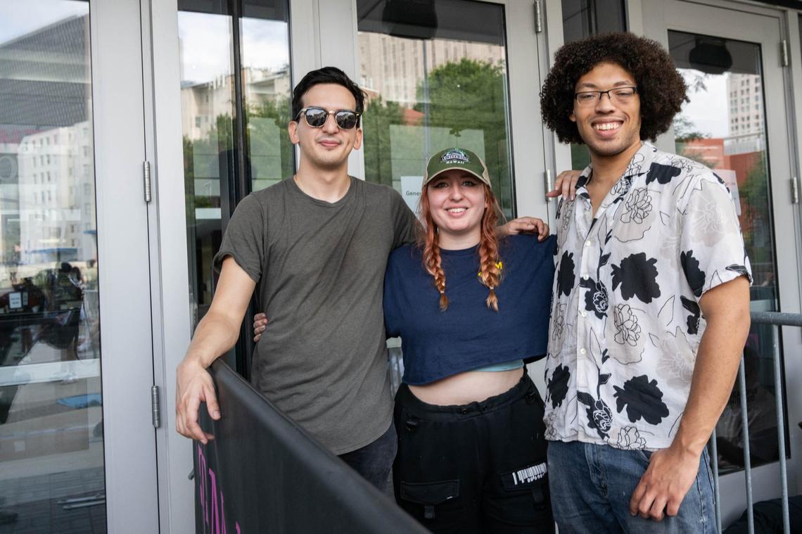 Christopher Cepeda, Rose Palmer, and Julian Rowles from Overland Park at the Childish Gambino concert at the T-Mobile Center in Kansas City. They were first in line for general admission and took turns holding the spot while others went for food and bathroom breaks.