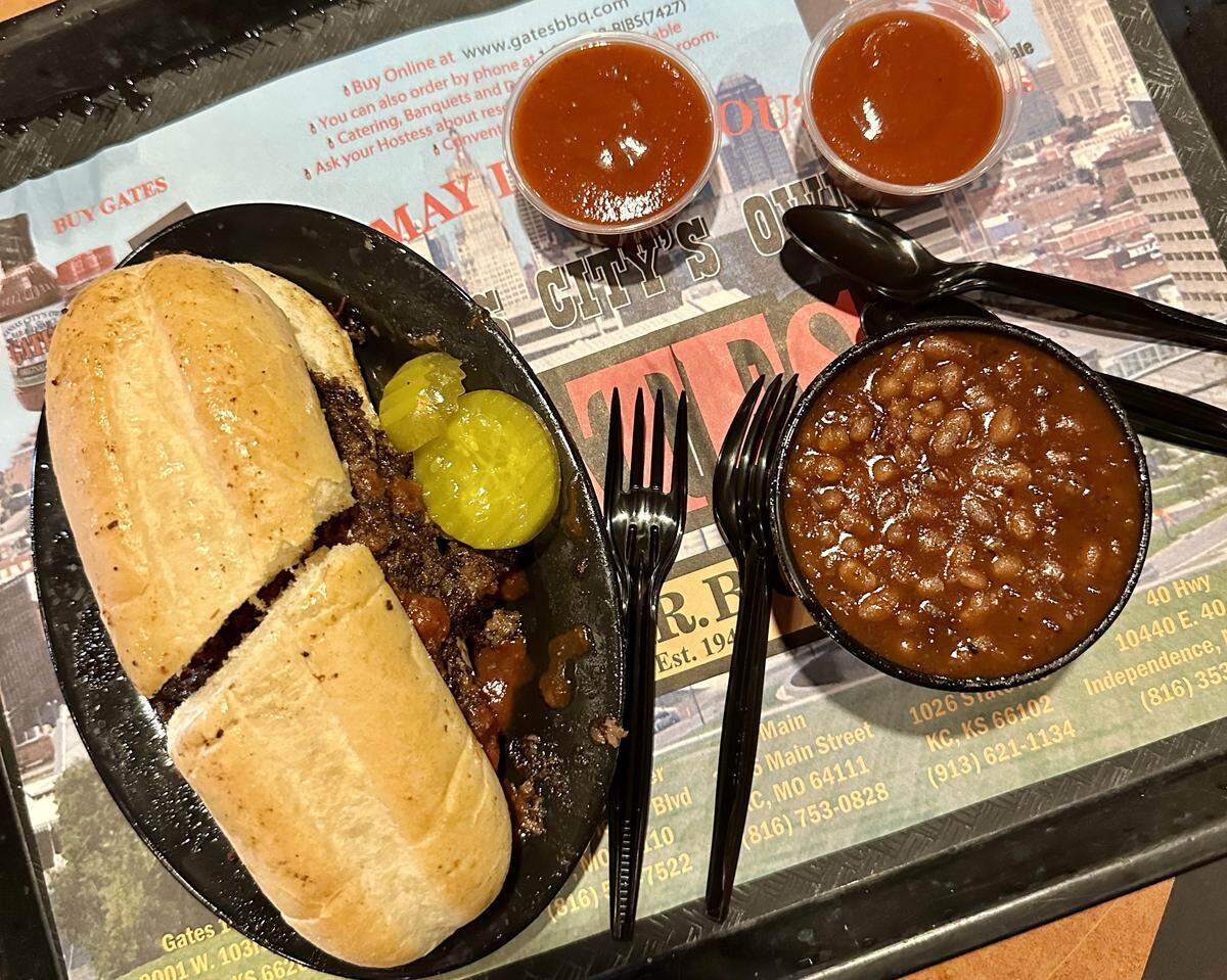A burnt ends sandwich from Gates Bar-B-Q.