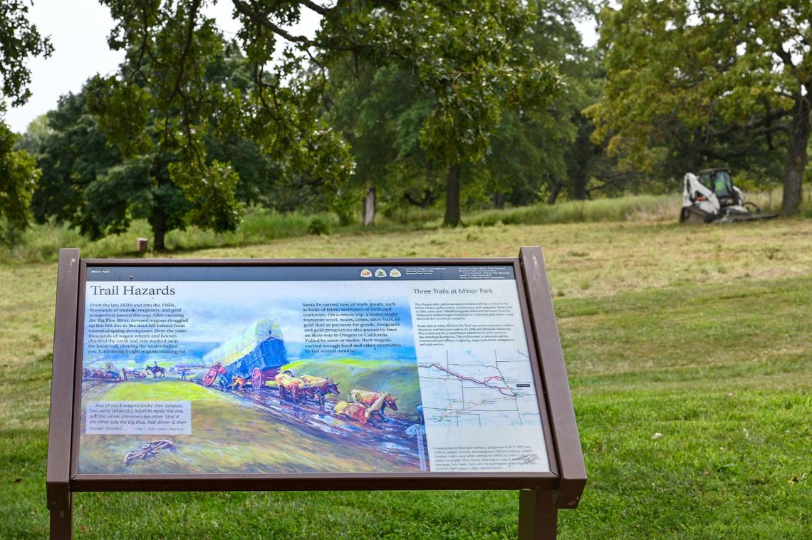 A brush hog cut the grass covering swales left by the wagon trains at Minor Park.