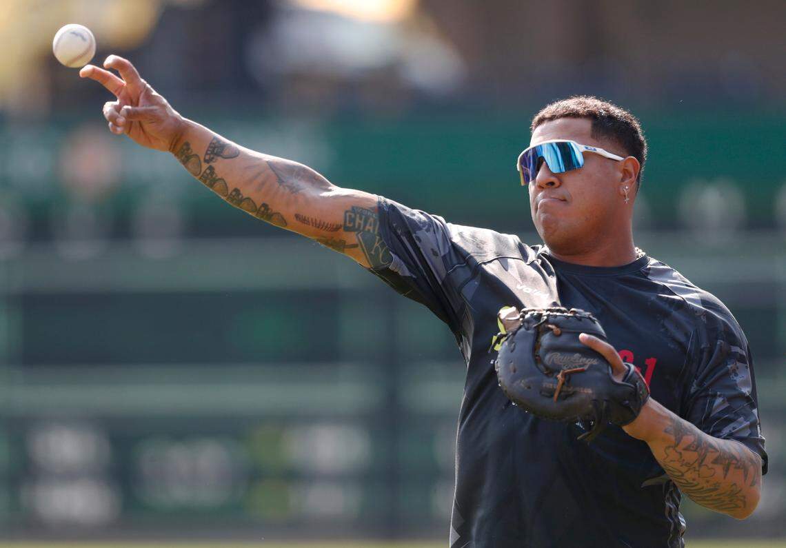 Kansas City Royals first baseman Salvador Perez (13) warms up before a game against the Pittsburgh Pirates at PNC Park on Sept. 14, 2024.