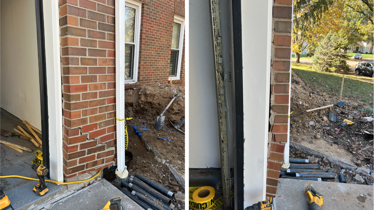 The broken brick facade at Caitlin Locklear’s Overland Park home. Locklear paid Malakai Skinner of Skinners Masonry to fix the brick, but he never started the project.