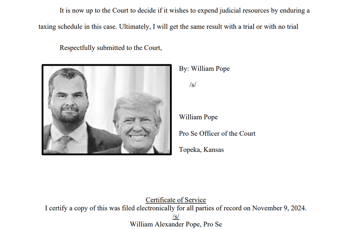 Jan. 6 defendant William Pope included this photo of him with Donald Trump in a motion he filed requesting that his trial date be continued until after Trump took office in January 2025.