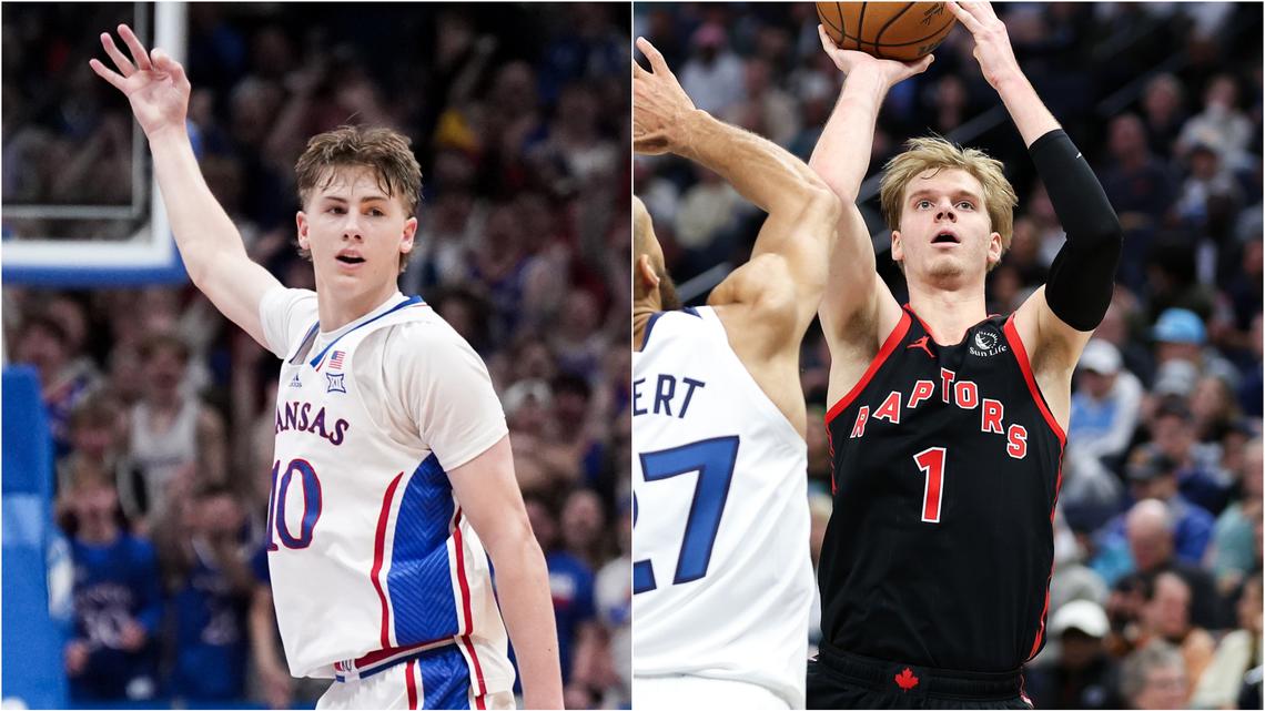 Former Kansas standout Gradey Dick (right), now with the NBA’s Toronto Raptors, has shared advice with KU’s Johnny Furphy ahead of the 2024 NBA Draft.