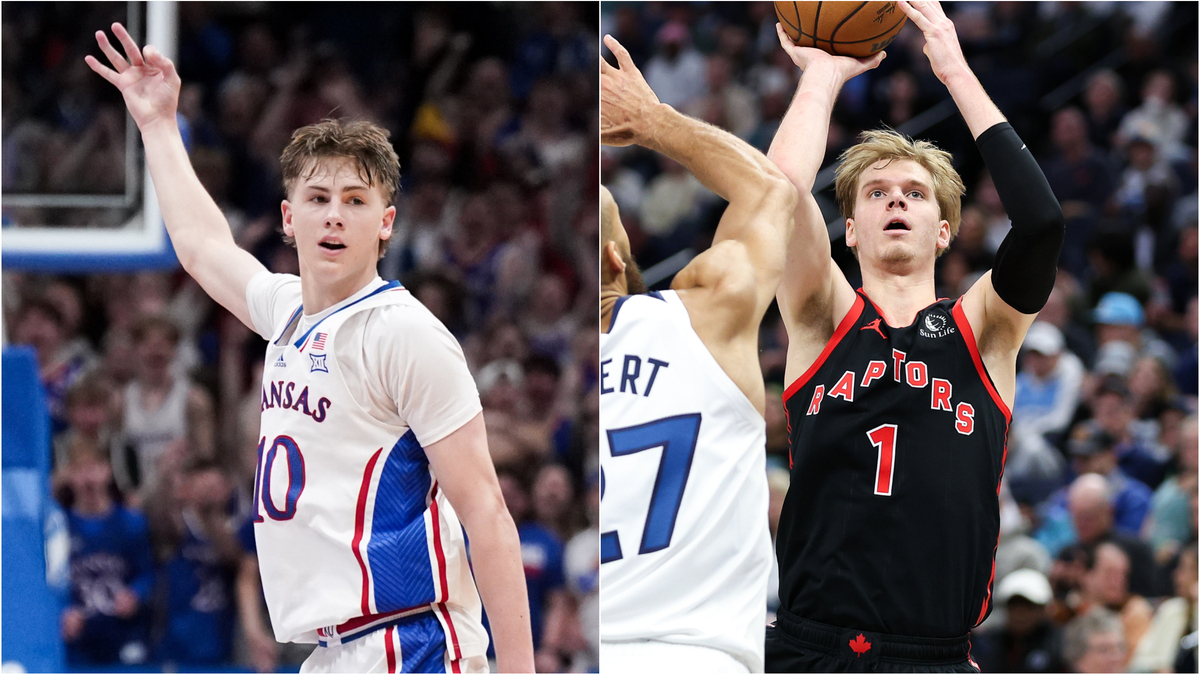 Former Kansas standout Gradey Dick (right), now with the NBA’s Toronto Raptors, has shared advice with KU’s Johnny Furphy ahead of the 2024 NBA Draft.