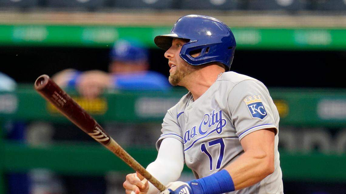 The Royals’ Hunter Dozier hits a triple off Pittsburgh Pirates starting pitcher Mitch Keller, driving in two runs, during the first inning in Pittsburgh, Wednesday, April 28, 2021.