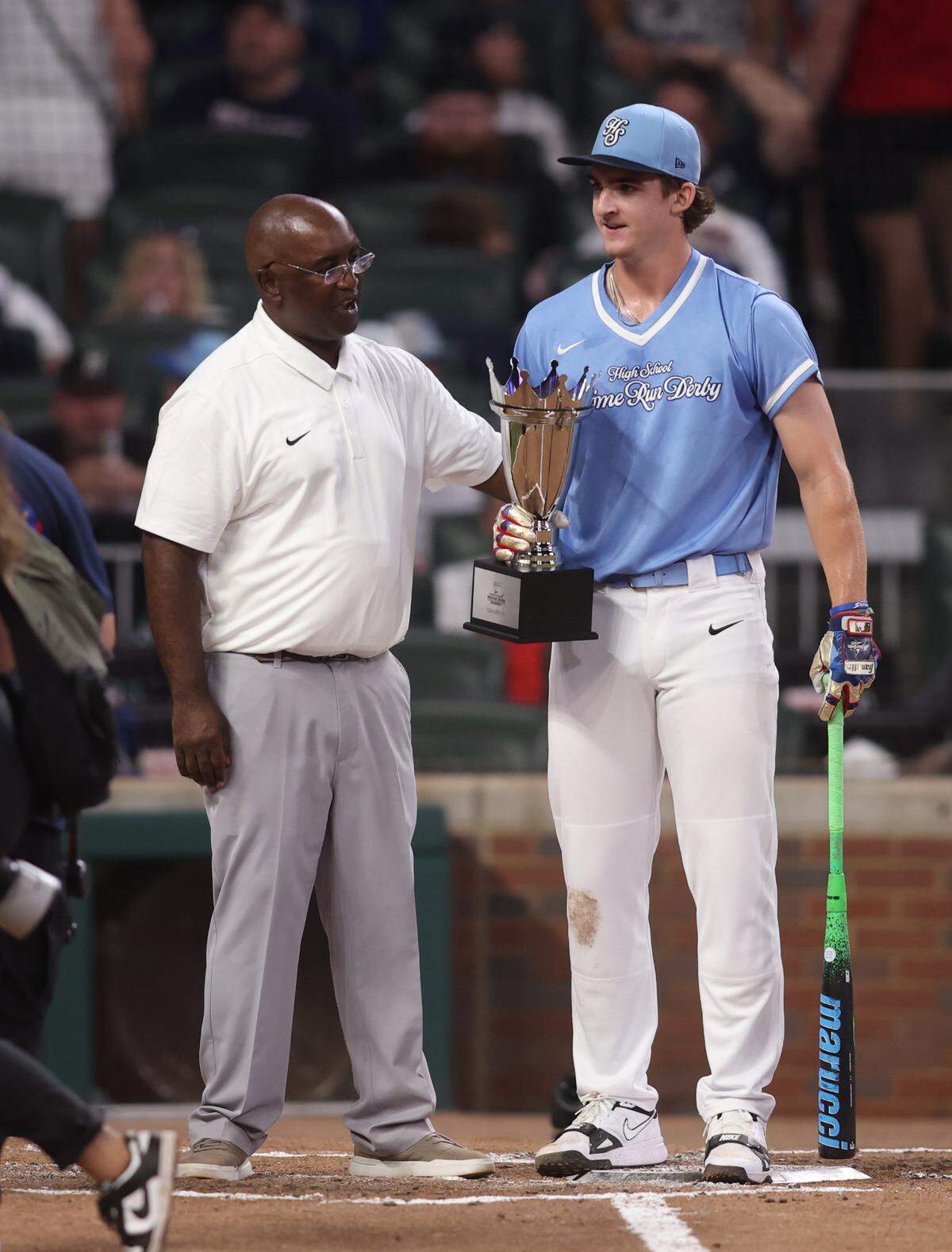 Mill Valley High School baseball player Beau Peterson, right, won the 2025 Home Run Derby at Truist Park in Atlanta on July 14, 2025.
