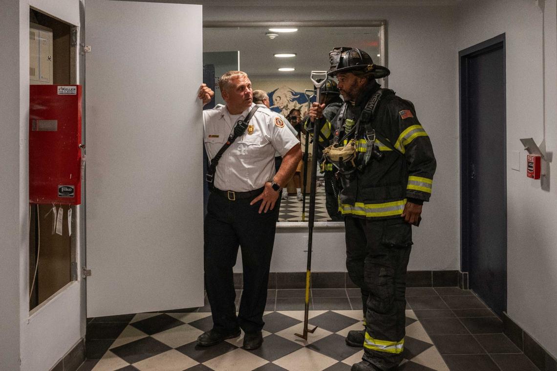 Firemen were on the scene following an alarm at the Quality Hill Towers in Kansas City on September 5, 2024. Residents say the alarm goes off often and stays on until first responders arrive to address it.