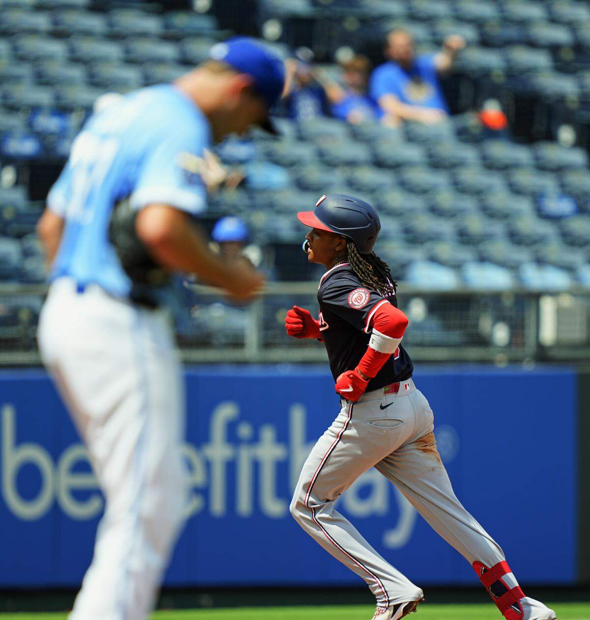 Washington Nationals shortstop CJ Abrams (5) rounds the bases after hitting a home run off Kansas City Royals starting pitcher Seth Lugo (67) during the fourth inning at Kauffman Stadium on Aug. 13, 2025.