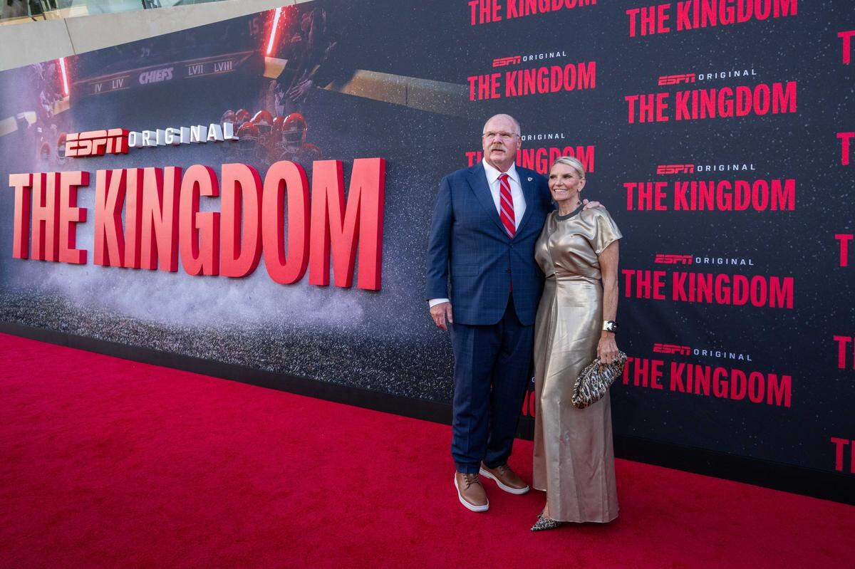 Kansas City Chiefs head coach Andy Reid with his wife, Tammy, on the red carpet before the special screening of the ESPN six-part series ‘The Kingdom,’ on Sunday, Aug. 24, 2025, in Kansas City.