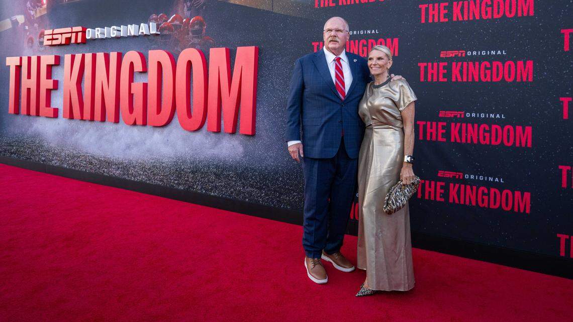 Kansas City Chiefs head coach Andy Reid with his wife, Tammy, on the red carpet before the special screening of the ESPN six-part series ‘The Kingdom,’ on Sunday, Aug. 24, 2025, in Kansas City.