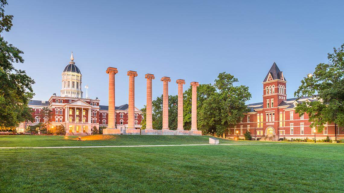 Columbia, Missouri, USA historic columns at twilight.