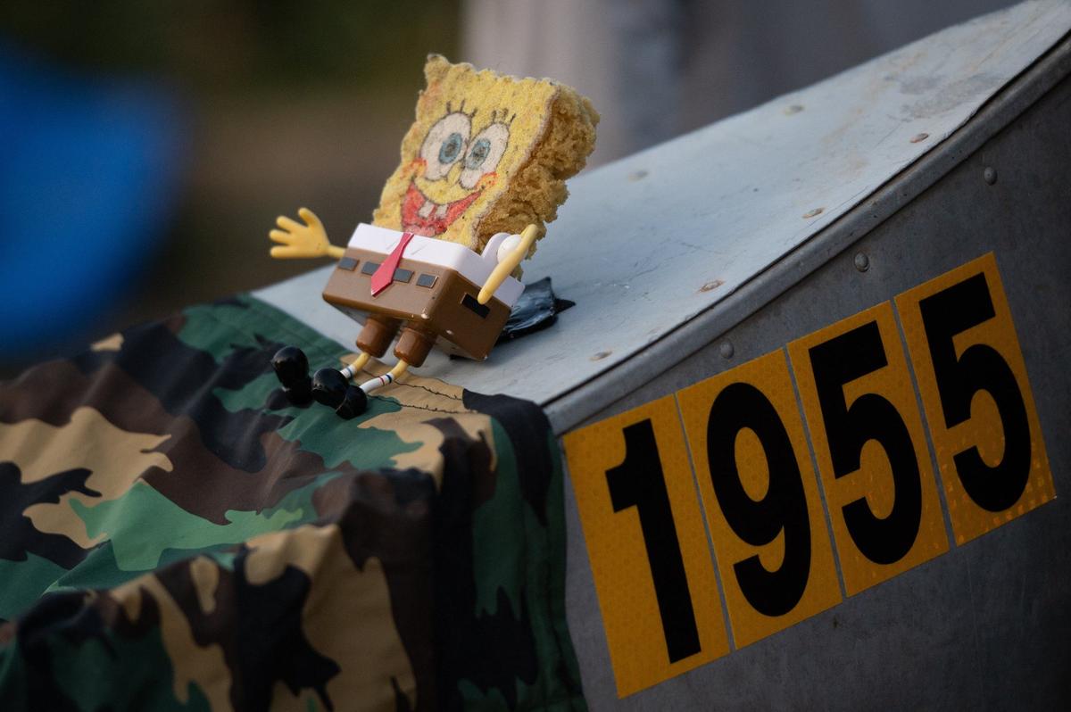 A SpongeBob sponge appears as excited to enter the Missouri River attached to a canoe as racers in the MR340 who pushed off from Kaw Point Tuesday to begin their journey across Missouri.