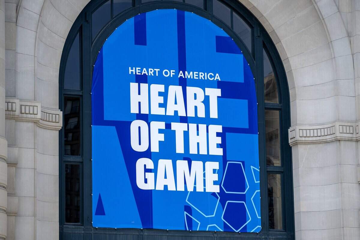 A banner featuring the Kansas City FIFA World Cup logo is seen on displayed at Union Station on Tuesday, June 9, 2026, in Kansas City.