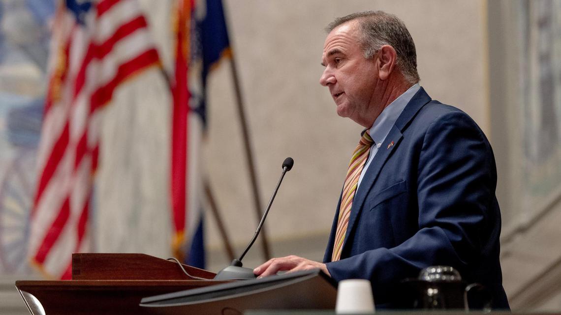 Lt. Gov. Mike Kehoe speaks during a Senate session on Tuesday, March 7, 2023, at the state Capitol in Jefferson City, Mo.