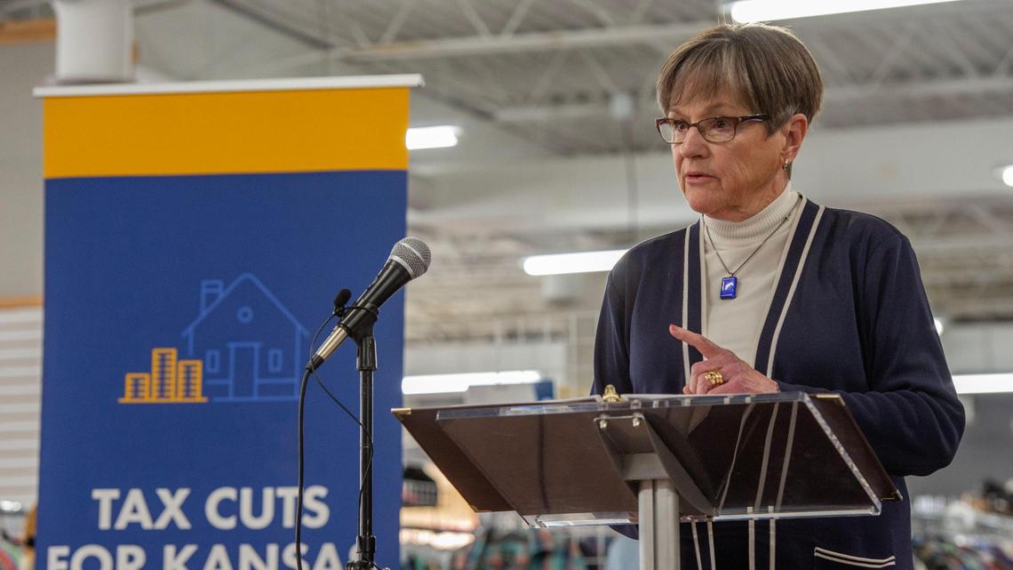 Kansas Gov. Laura Kelly speaks during an event at Hillcrest Transitional Housing Clothing Bank on Wednesday in Lenexa. Kelly spoke about her plan to eliminate the state sales tax on food.