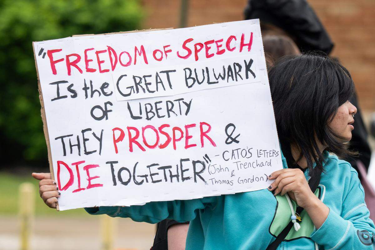Washington High School students stage a walkout, protesting the recent Kansas legislation fining school districts for student activism, on Tuesday, May 5, 2026, in Kansas City.