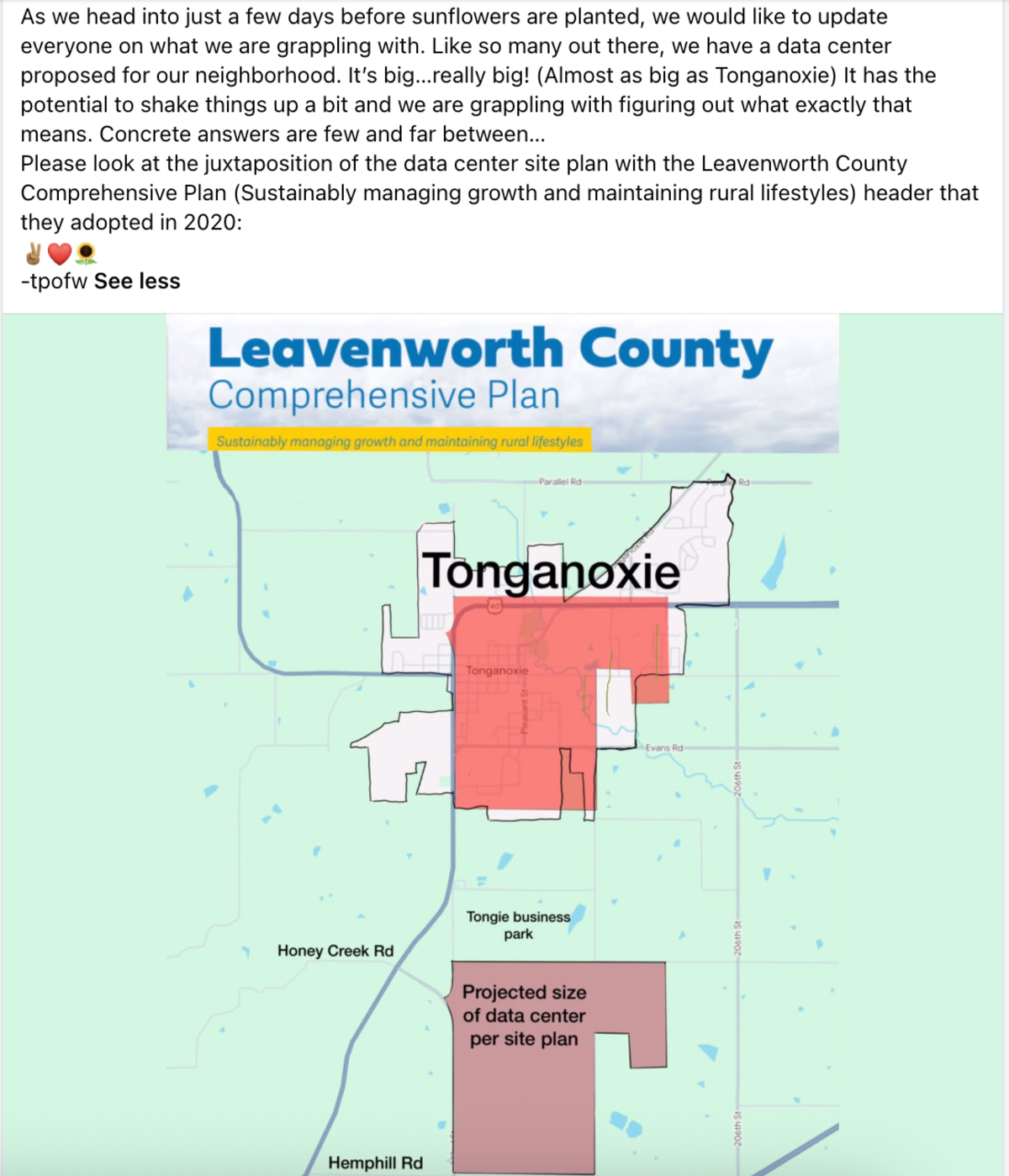 Picture of a map of the Tonganoxie area with a Facebook caption.