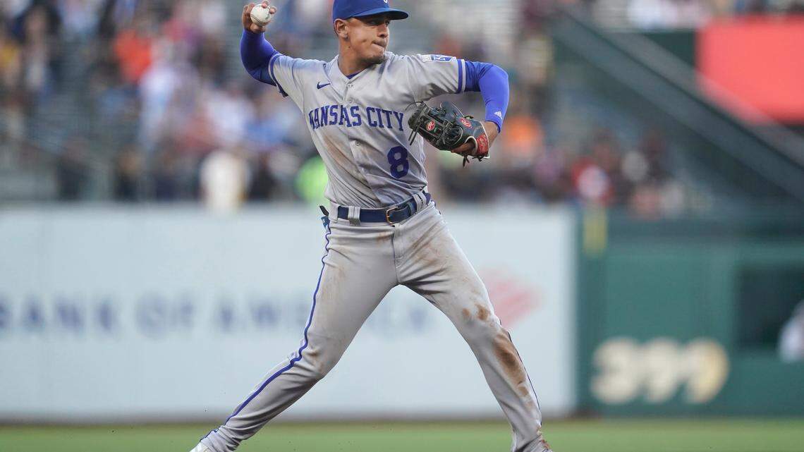 Kansas City Royals third baseman Nicky Lopez throws out San Francisco Giants’ Austin Wynns at first base during the third inning of a baseball game in San Francisco, Tuesday, June 14, 2022. (AP Photo/Jeff Chiu)